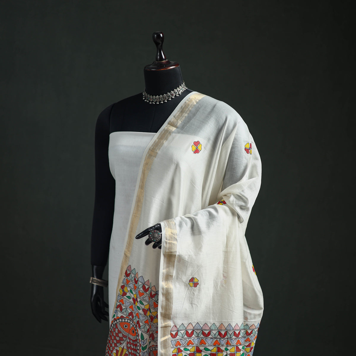 Handloom Chanderi Silk Handpainted Madhubani Dupatta with Zari Border 44