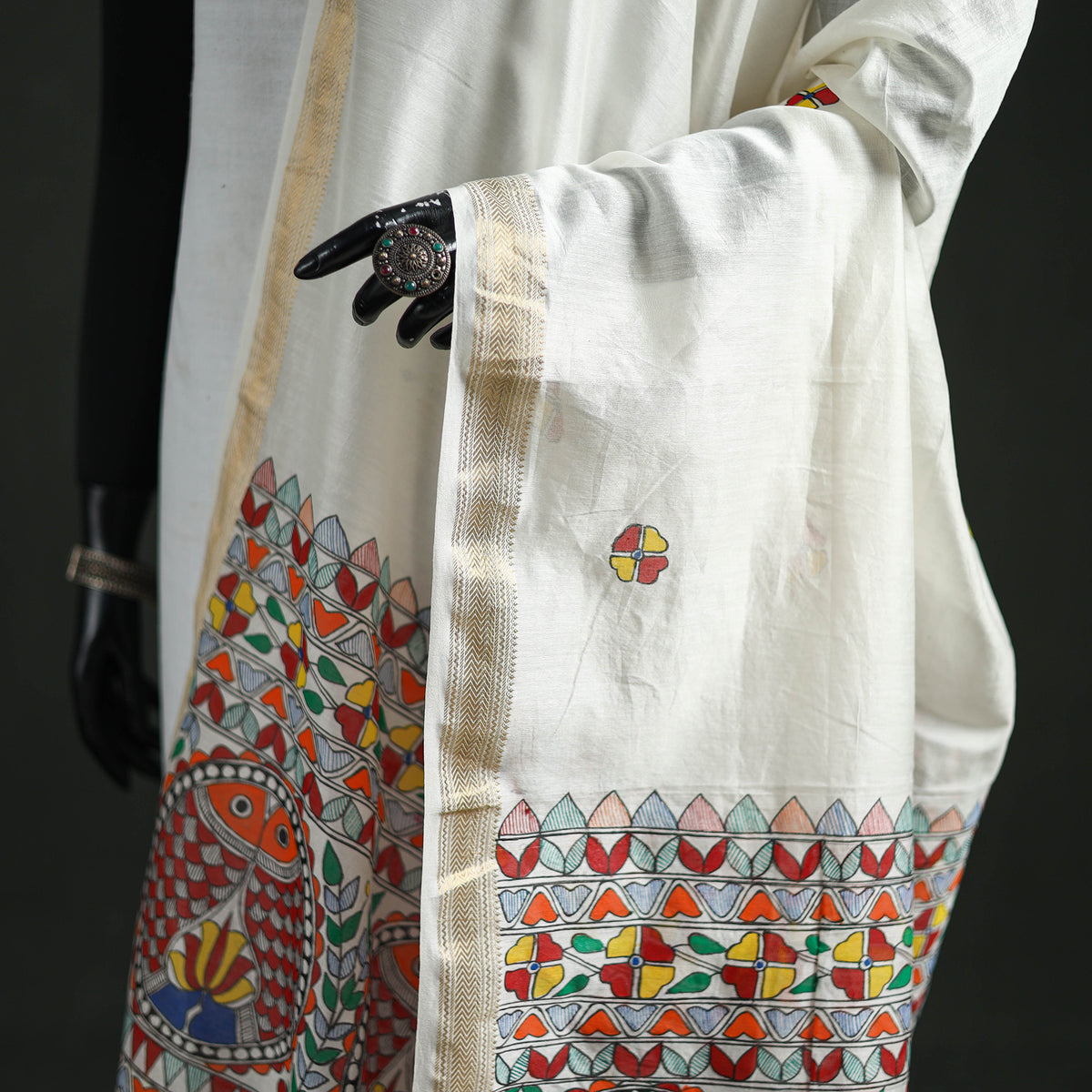 Handloom Chanderi Silk Handpainted Madhubani Dupatta with Zari Border 44
