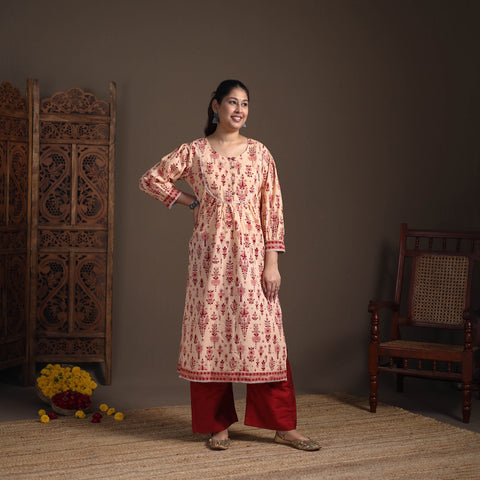 Gota Work Floral Sanganeri Block Print Cotton Straight Long Kurta for Women 05