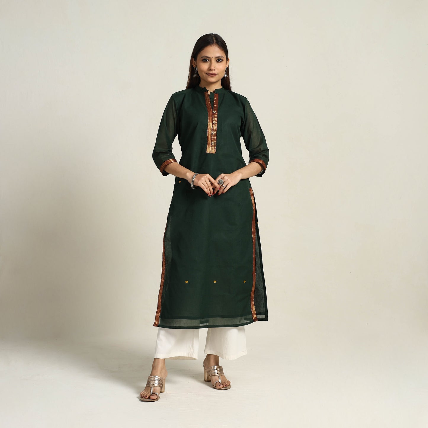 Dark Green - Zari Border Cotton Straight Kanchipuram Kurta 04