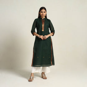 Dark Green - Zari Border Cotton Straight Kanchipuram Kurta 04
