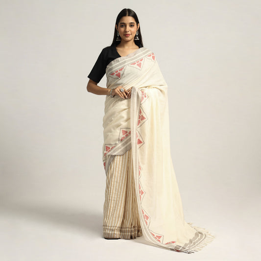 Grey & Kora with Grey Trangle Pattern with Red Floral Buti Extra Weft Silk Cotton Saree