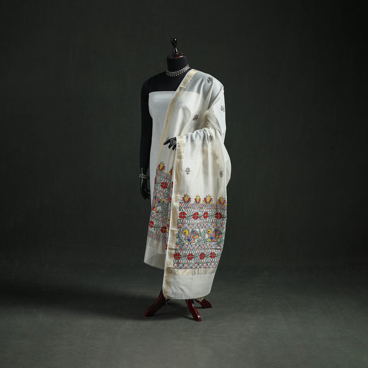 Handloom Chanderi Silk Handpainted Madhubani Dupatta with Zari Border 45