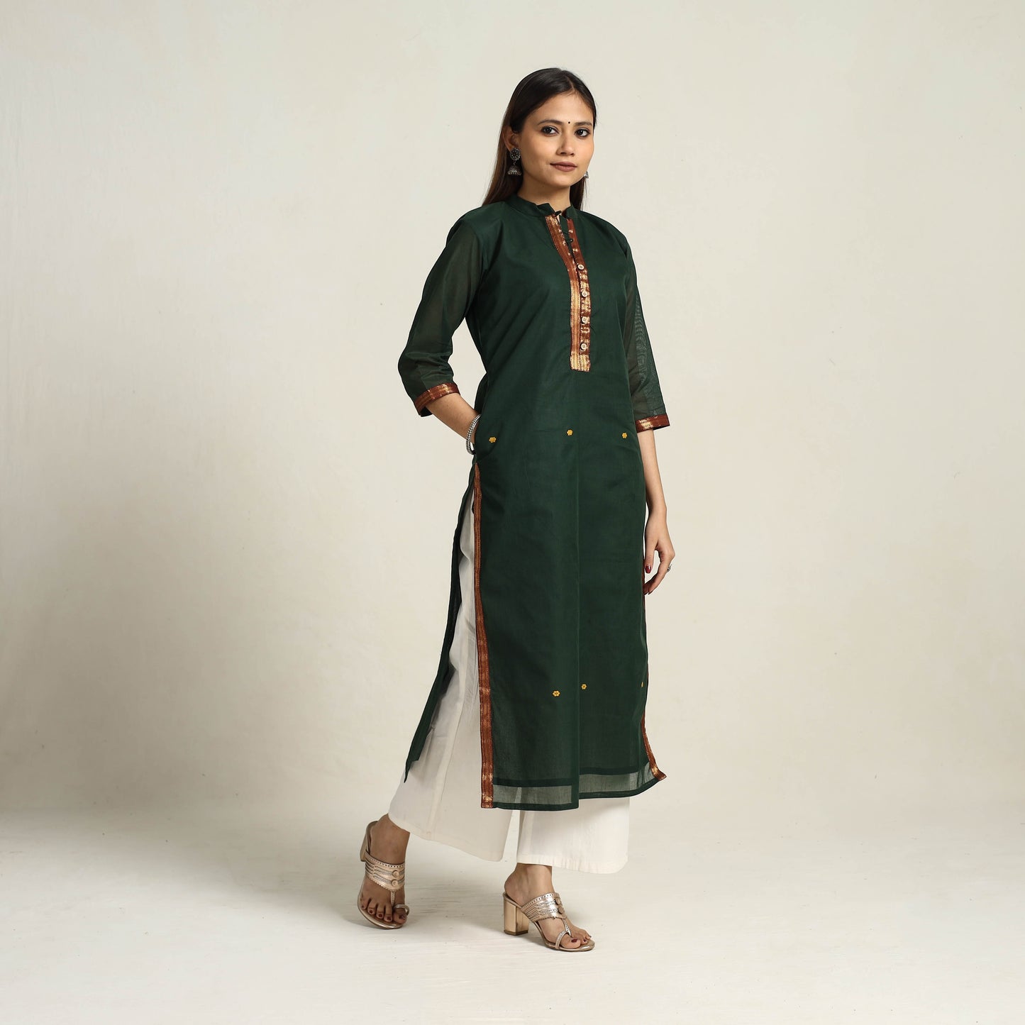 Dark Green - Zari Border Cotton Straight Kanchipuram Kurta 04