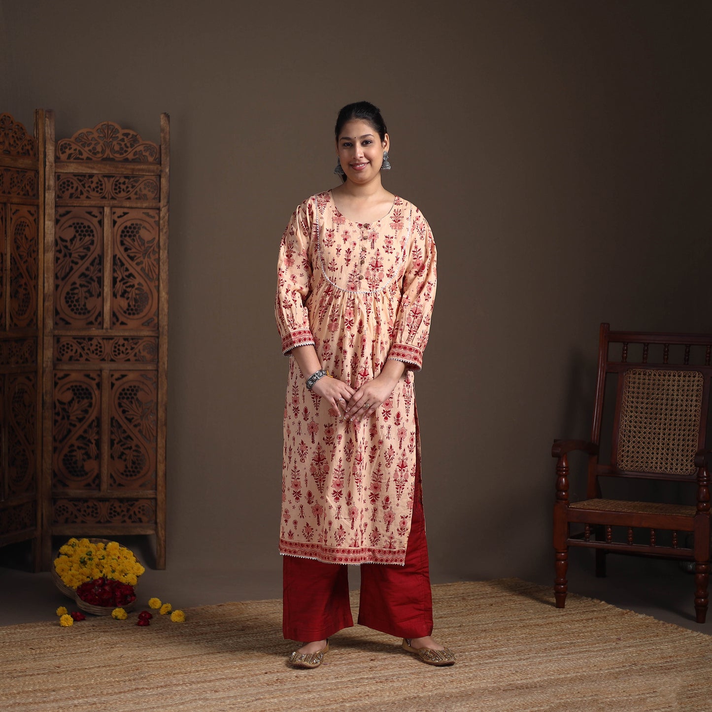 Gota Work Floral Sanganeri Block Print Cotton Straight Long Kurta for Women 05