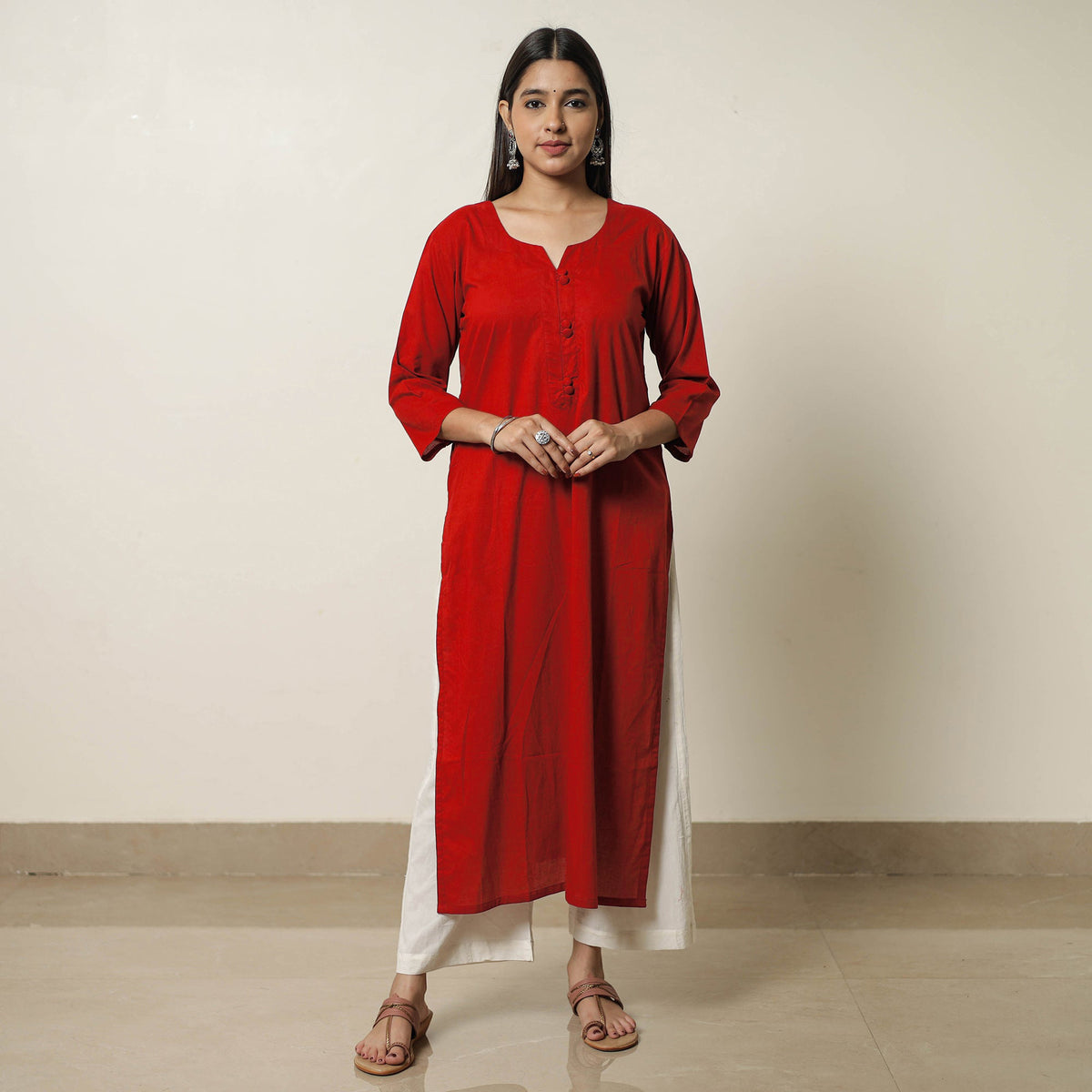 Red - Plain Cotton Long Kurta 25