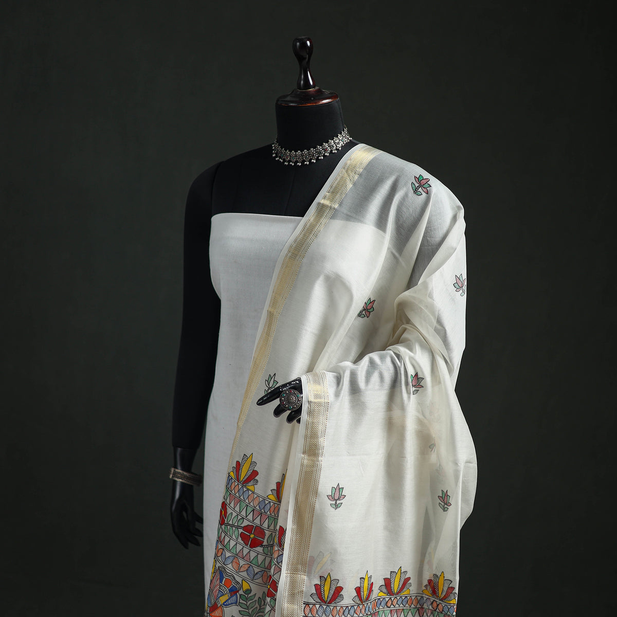 Handloom Chanderi Silk Handpainted Madhubani Dupatta with Zari Border 45