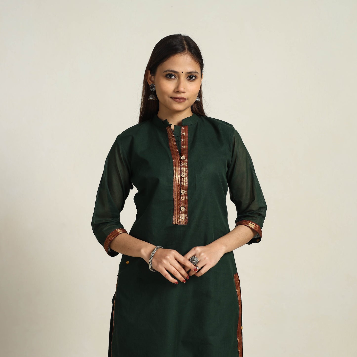 Dark Green - Zari Border Cotton Straight Kanchipuram Kurta 04