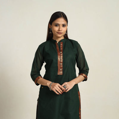 Dark Green - Zari Border Cotton Straight Kanchipuram Kurta 04