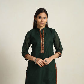 Dark Green - Zari Border Cotton Straight Kanchipuram Kurta 04
