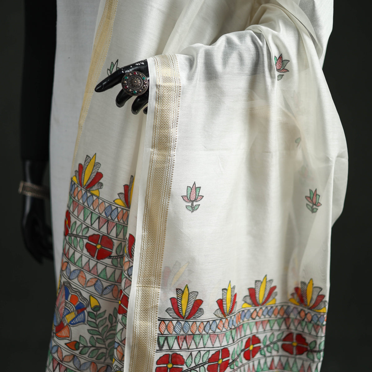 Handloom Chanderi Silk Handpainted Madhubani Dupatta with Zari Border 45