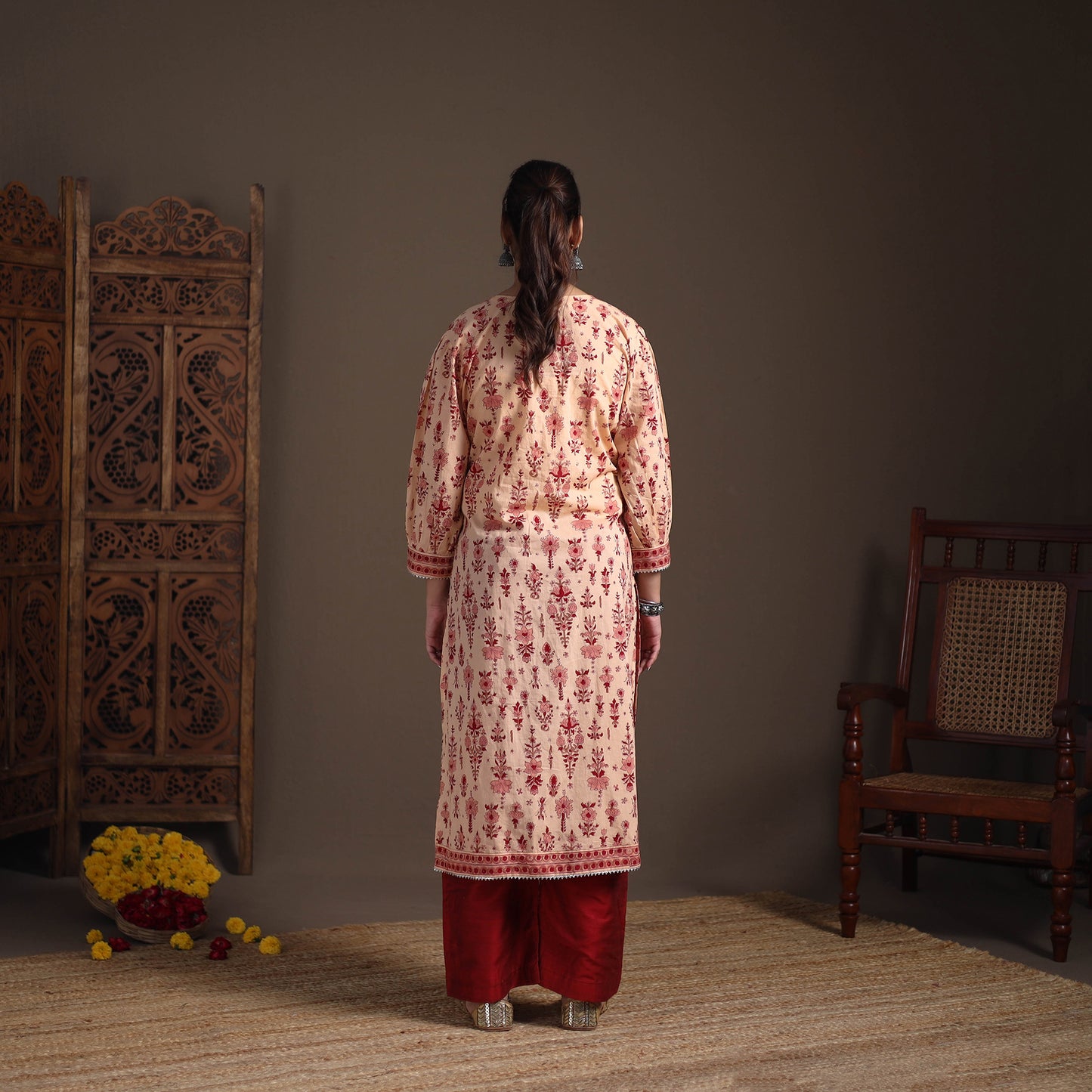 Gota Work Floral Sanganeri Block Print Cotton Straight Long Kurta for Women 05