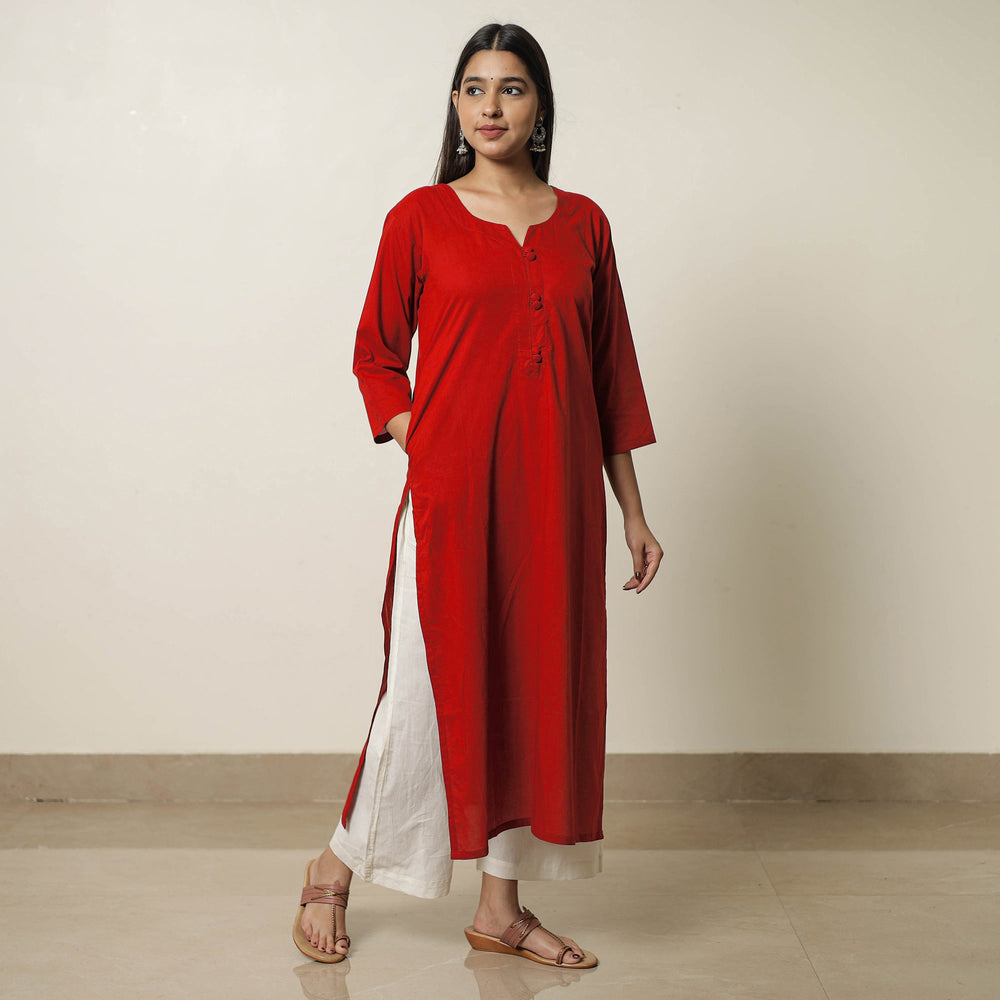 Red - Plain Cotton Long Kurta 25