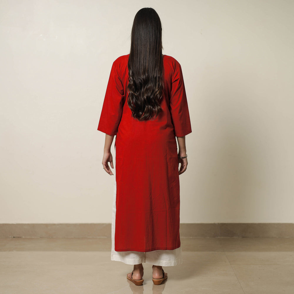 Red - Plain Cotton Long Kurta 25