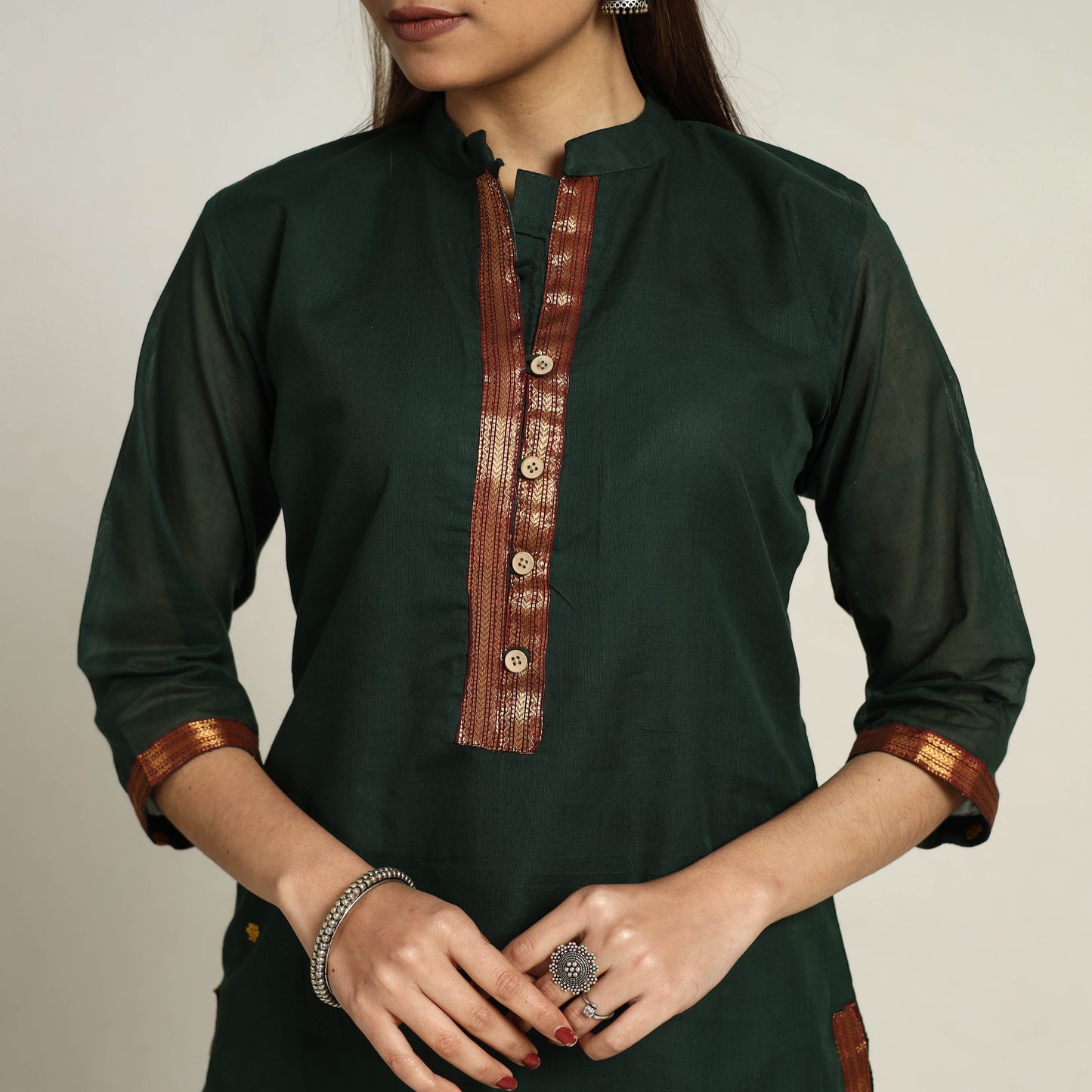 Dark Green - Zari Border Cotton Straight Kanchipuram Kurta 04