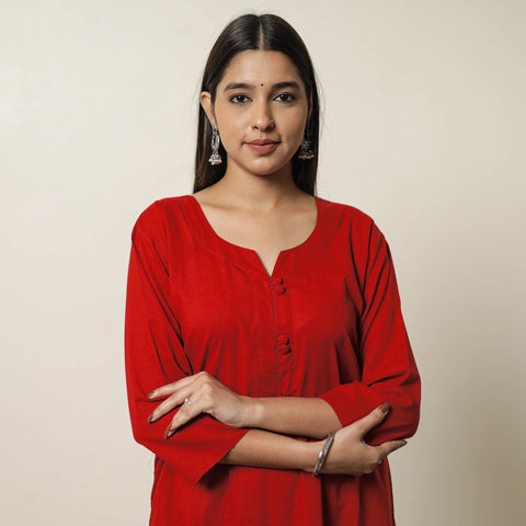 Red - Plain Cotton Long Kurta 25