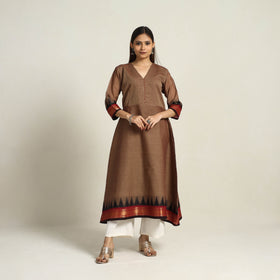 Zari Border Cotton A-Line Sepia Brown Kanchipuram Kurta for Women