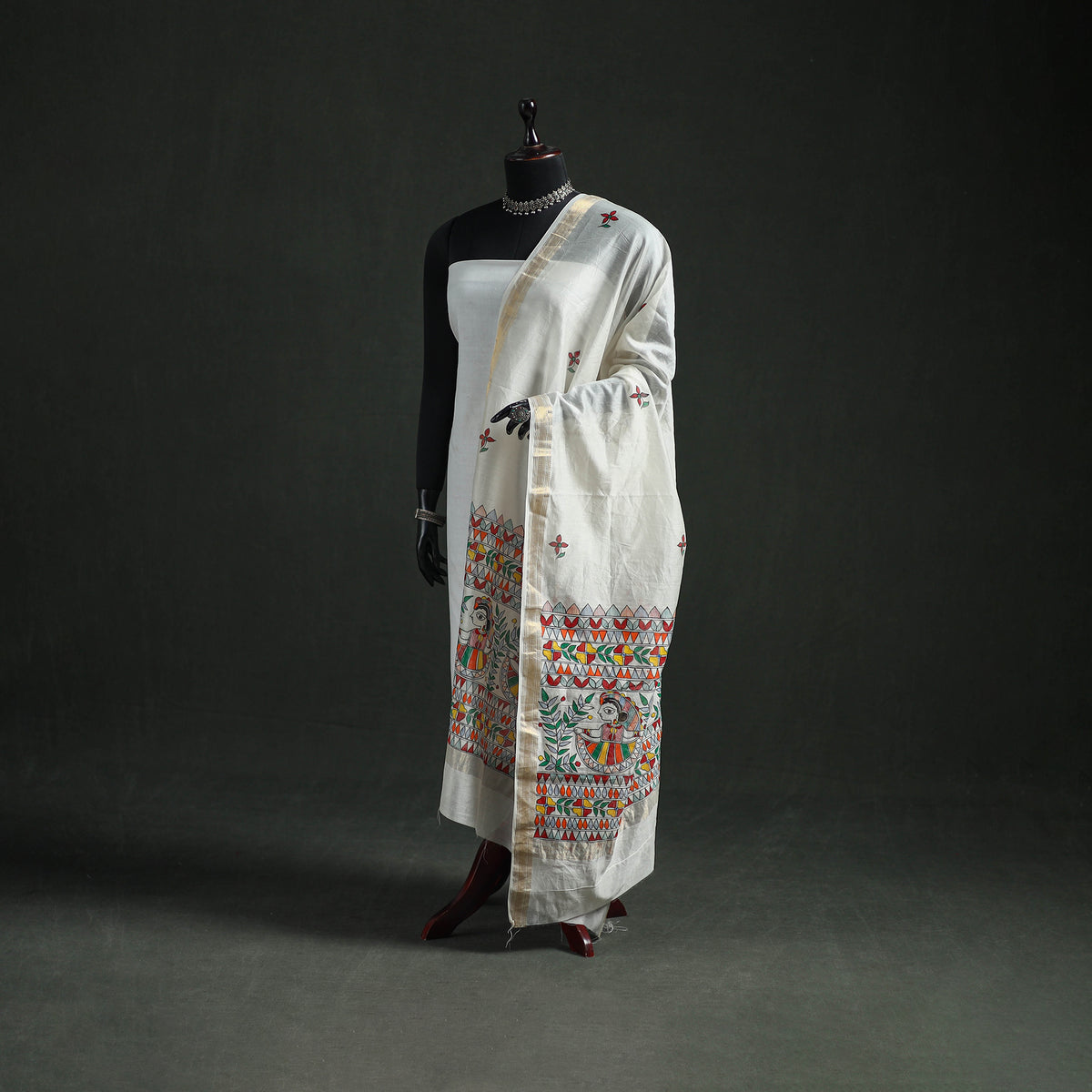 Handloom Chanderi Silk Handpainted Madhubani Dupatta with Zari Border 46