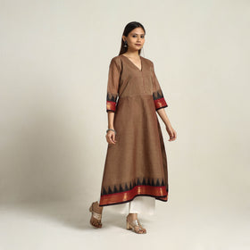 Zari Border Cotton A-Line Sepia Brown Kanchipuram Kurta for Women
