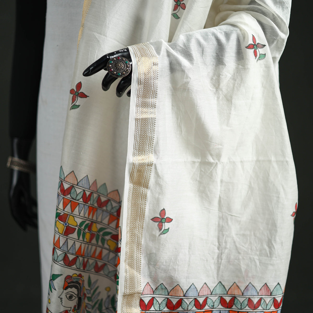 Handloom Chanderi Silk Handpainted Madhubani Dupatta with Zari Border 46