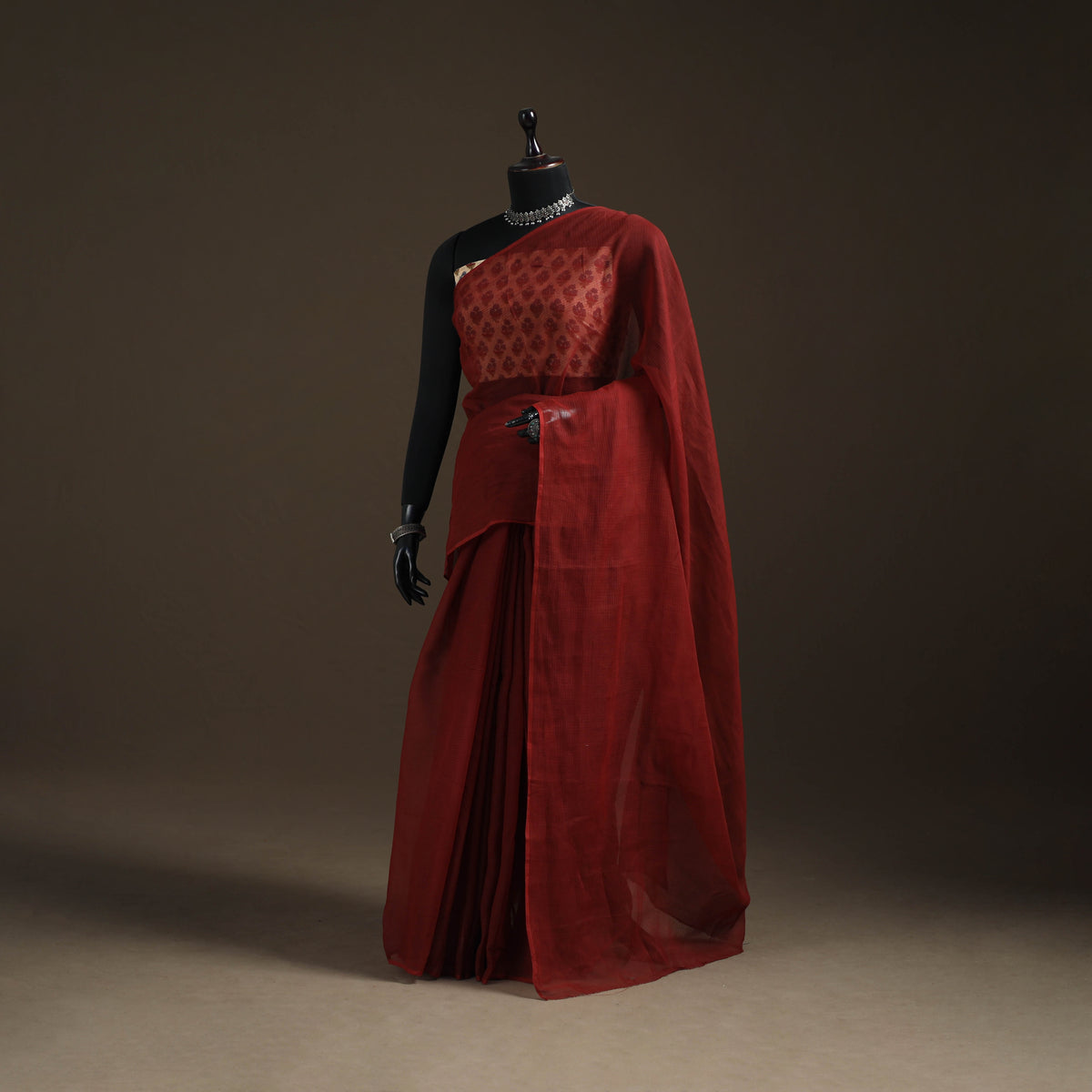 Maroon - Nazaakat Kota Doria Cotton Plain Saree with Blouse Piece & Earrings 18