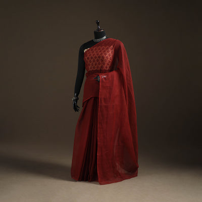 Maroon - Nazaakat Kota Doria Cotton Plain Saree with Blouse Piece & Earrings 18