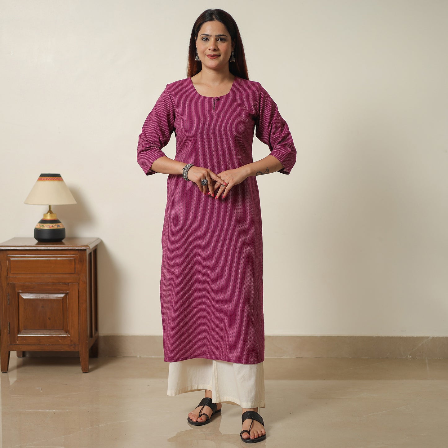 Purple - Running Stitch Cotton Long Straight Kurta 18