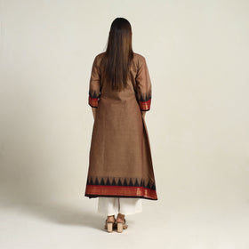 Zari Border Cotton A-Line Sepia Brown Kanchipuram Kurta for Women