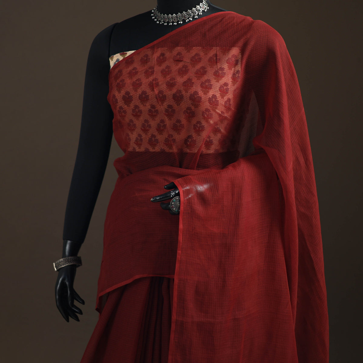 Maroon - Nazaakat Kota Doria Cotton Plain Saree with Blouse Piece & Earrings 18