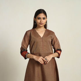 Zari Border Cotton A-Line Sepia Brown Kanchipuram Kurta for Women