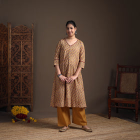 Gota Work Floral Sanganeri Block Print Cotton A-Line Long Kurta for Women 16