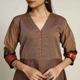 Zari Border Cotton A-Line Sepia Brown Kanchipuram Kurta for Women