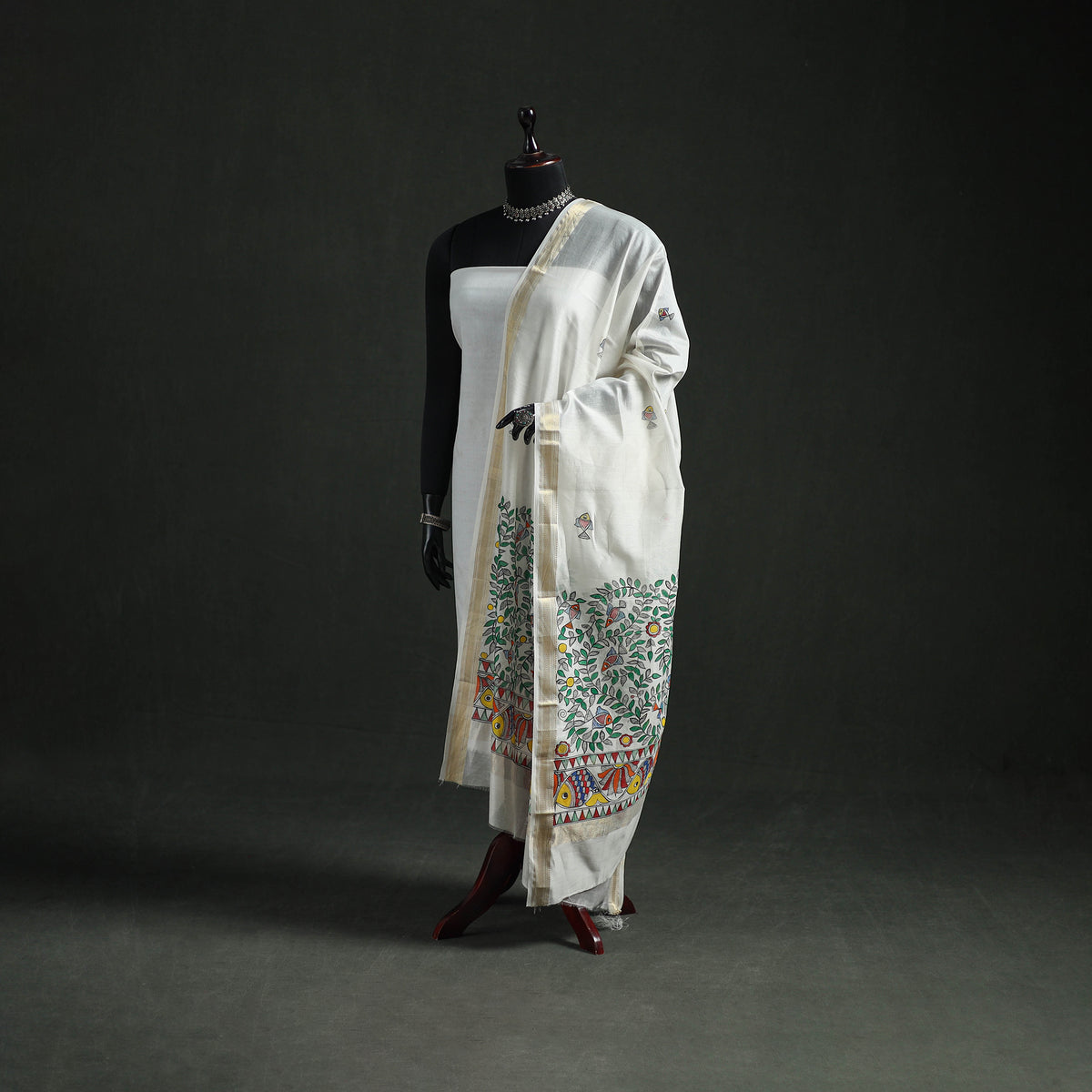 Handloom Chanderi Silk Handpainted Madhubani Dupatta with Zari Border 47