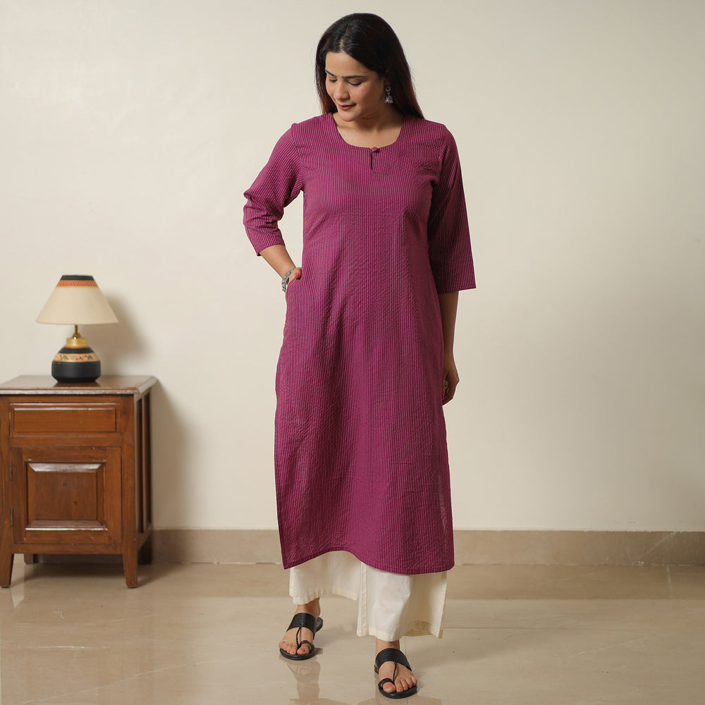 Purple - Running Stitch Cotton Long Straight Kurta 18