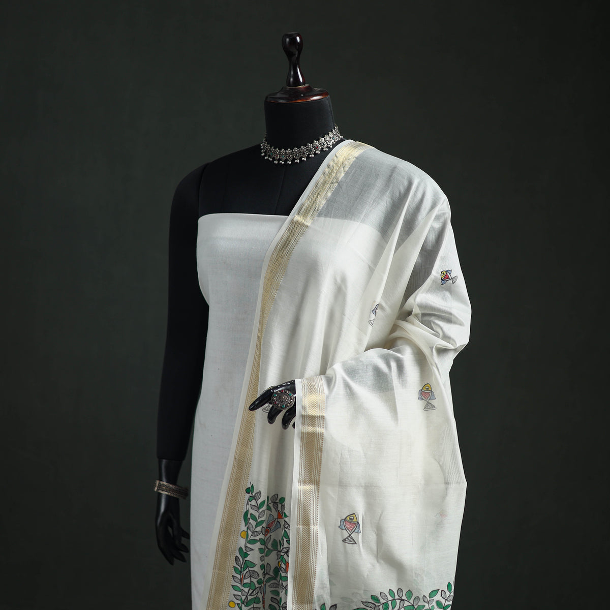 Handloom Chanderi Silk Handpainted Madhubani Dupatta with Zari Border 47