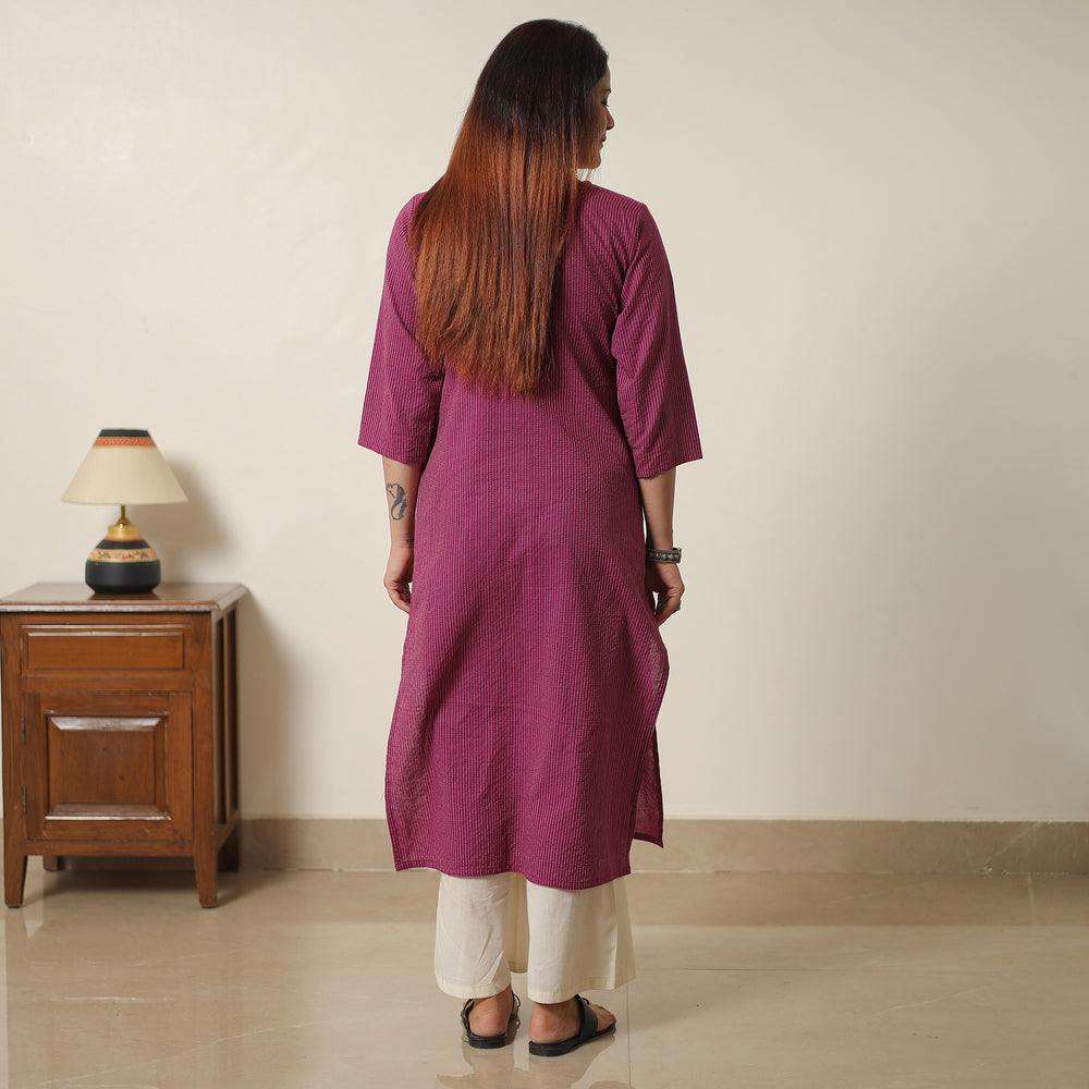 Purple - Running Stitch Cotton Long Straight Kurta 18