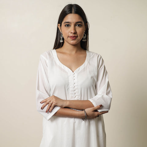 White - Plain Cotton Long Straight Kurta 06