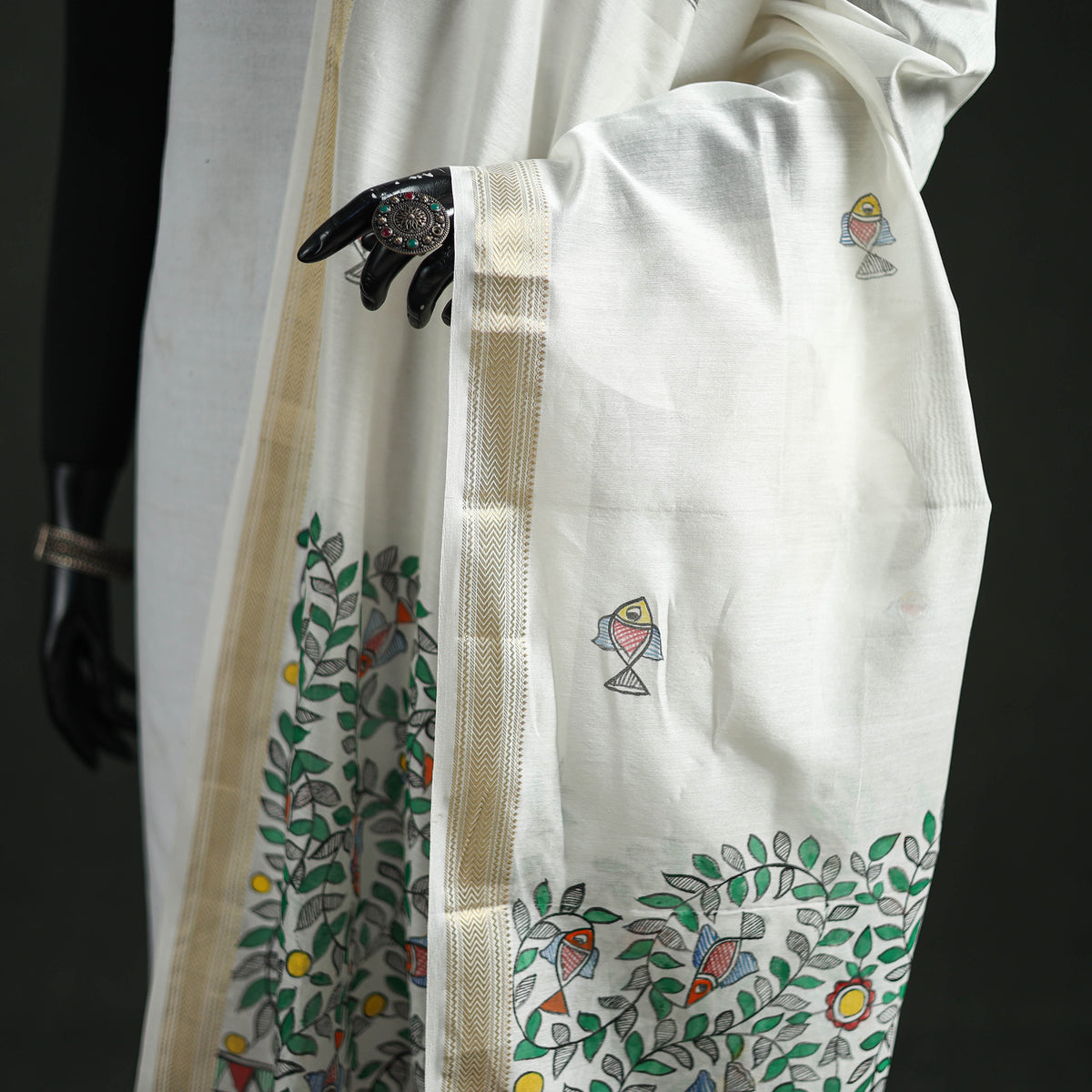 Handloom Chanderi Silk Handpainted Madhubani Dupatta with Zari Border 47