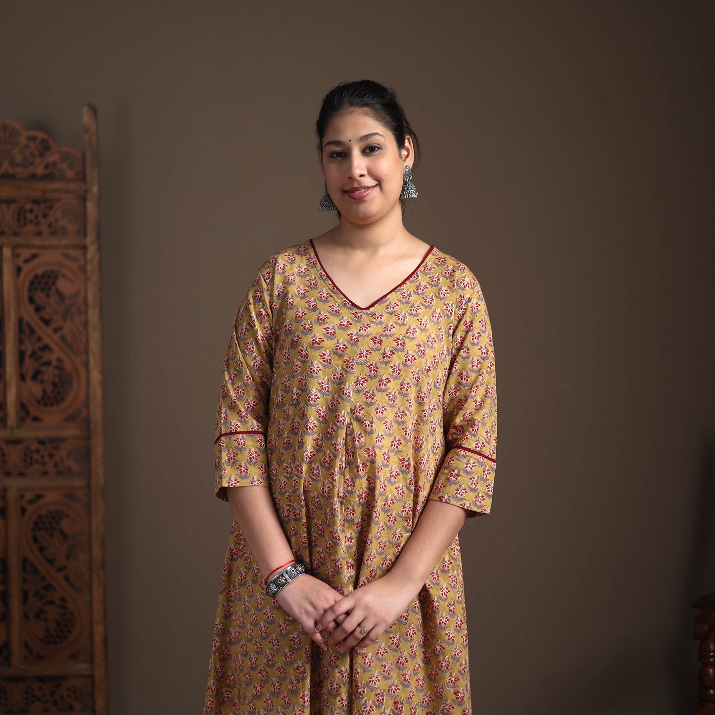 Gota Work Floral Sanganeri Block Print Cotton A-Line Long Kurta for Women 16