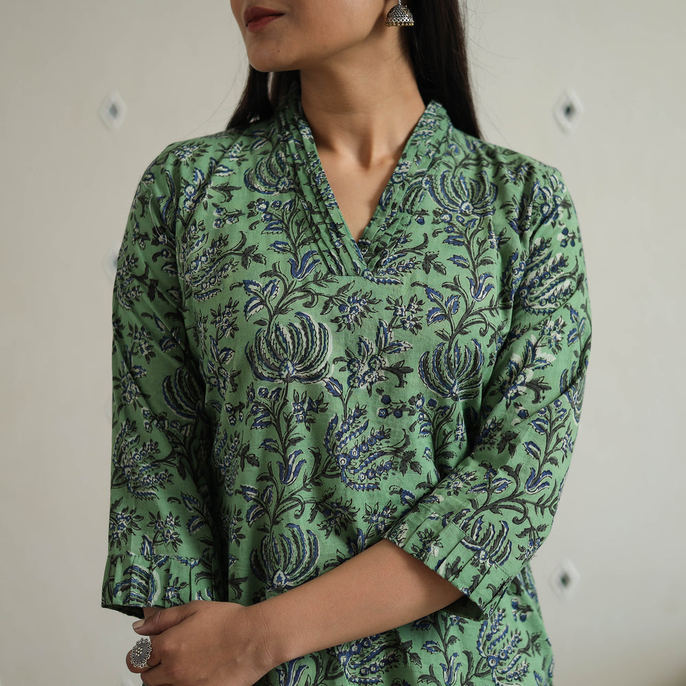 Green - Hand Block Printed Cotton Short Bagru Kurta 09