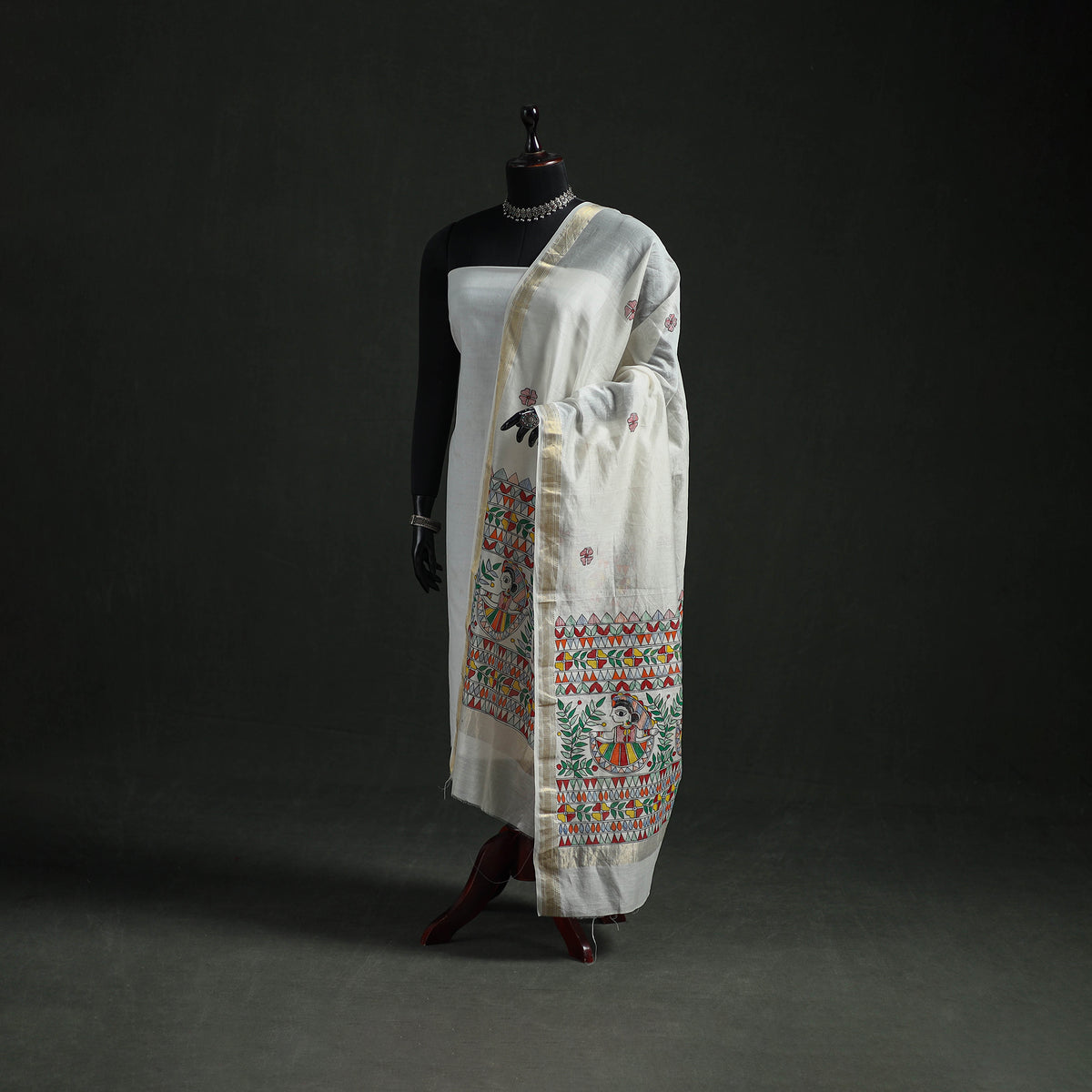 Handloom Chanderi Silk Handpainted Madhubani Dupatta with Zari Border 48