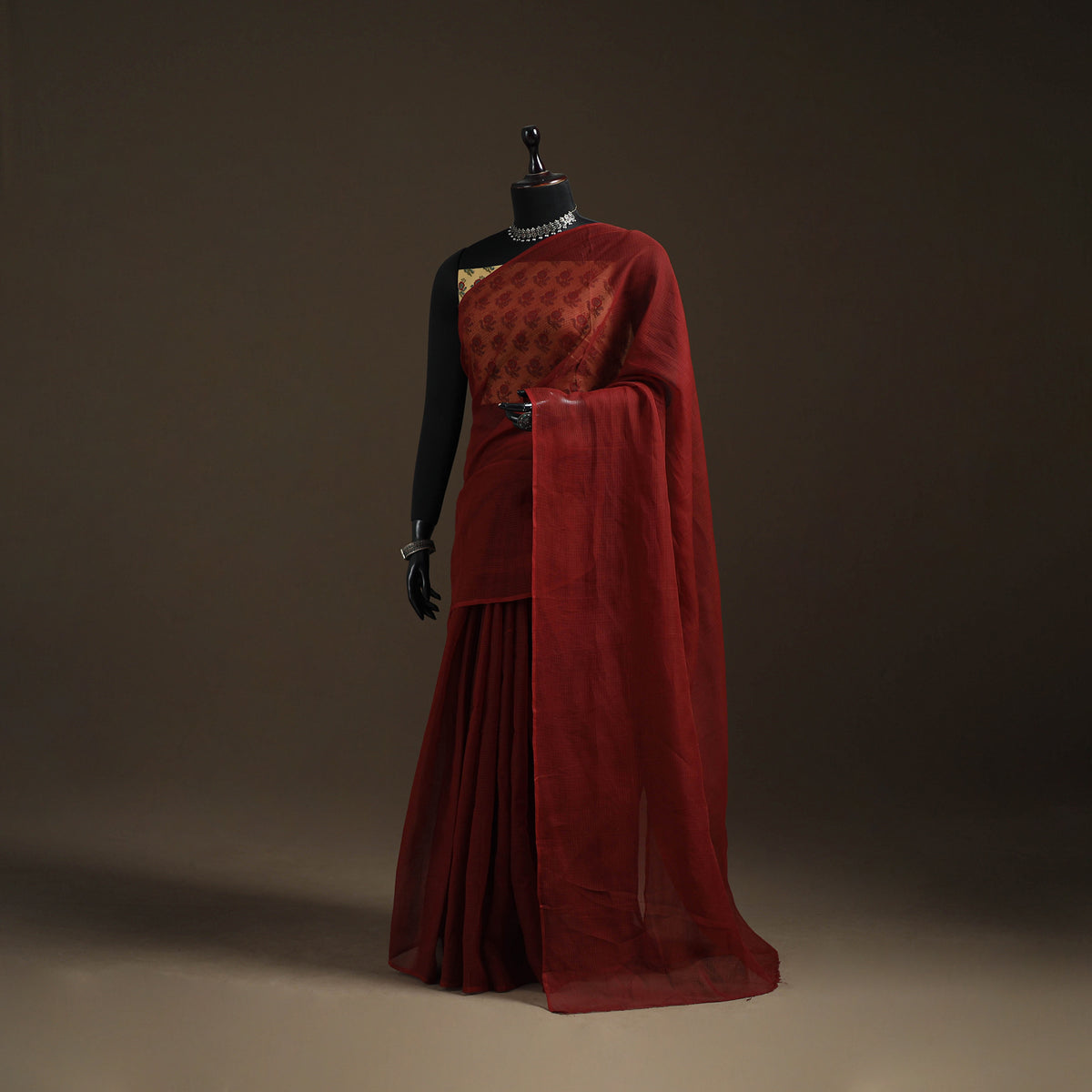 Maroon - Nazaakat Kota Doria Cotton Plain Saree with Blouse Piece & Earrings 19