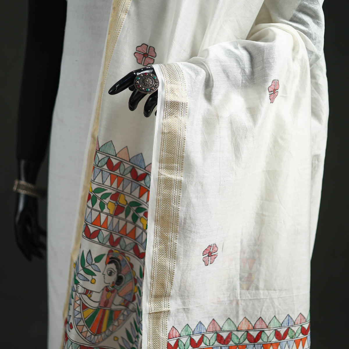 Handloom Chanderi Silk Handpainted Madhubani Dupatta with Zari Border 48