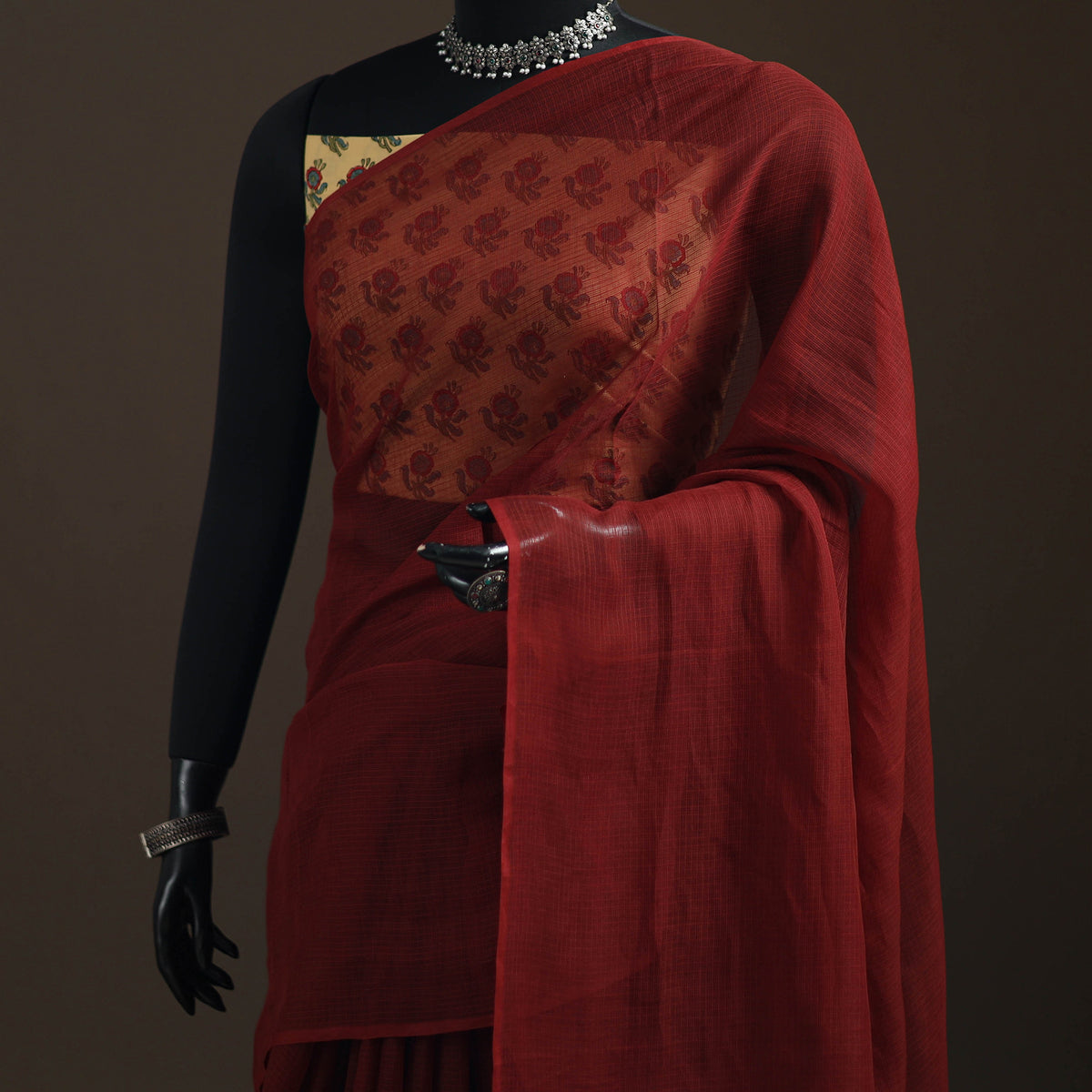 Maroon - Nazaakat Kota Doria Cotton Plain Saree with Blouse Piece & Earrings 19