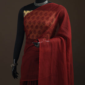 Maroon - Nazaakat Kota Doria Cotton Plain Saree with Blouse Piece & Earrings 19