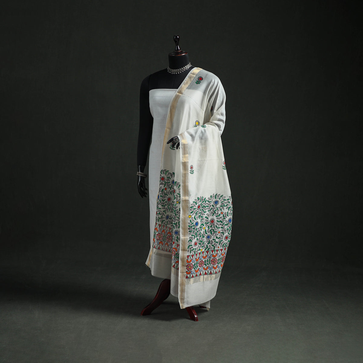 Handloom Chanderi Silk Handpainted Madhubani Dupatta with Zari Border 49