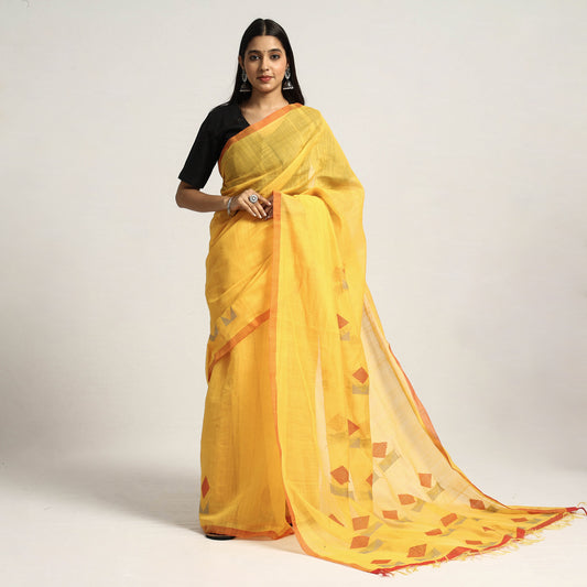 Yellow Base Silk Cottton Saree with Red Border & Red & Grey Extra Weft Motifs on Pallu