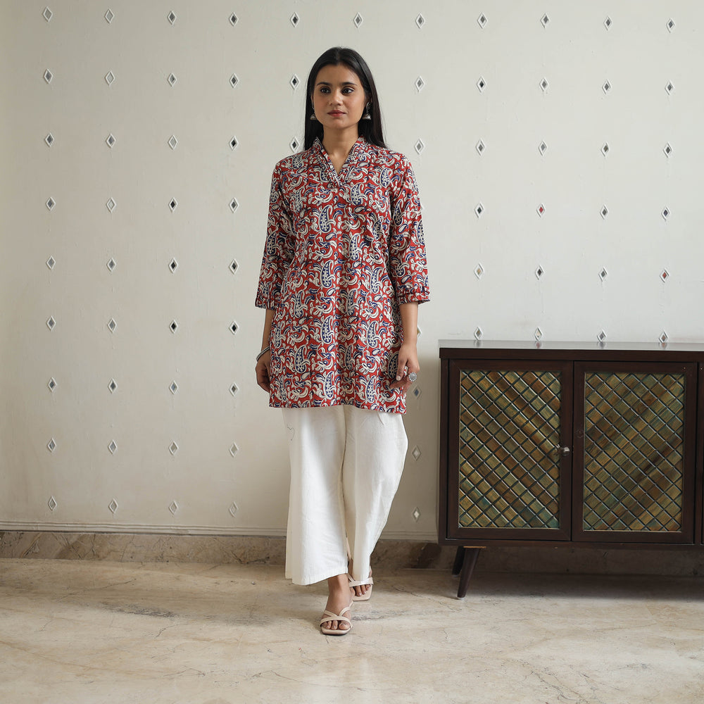 Red - Hand Block Printed Cotton Short Bagru Kurta 11