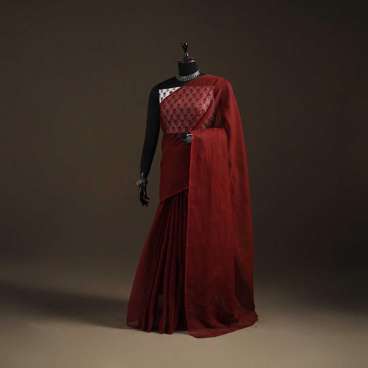 Maroon - Nazaakat Kota Doria Cotton Plain Saree with Blouse Piece & Earrings 20