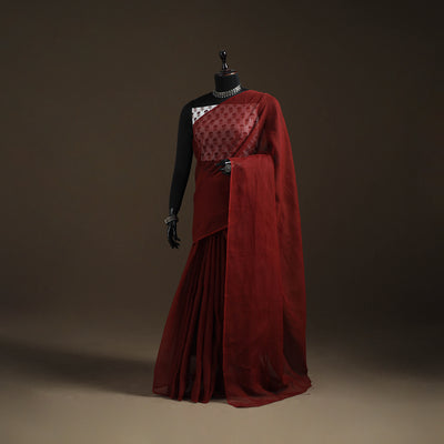 Maroon - Nazaakat Kota Doria Cotton Plain Saree with Blouse Piece & Earrings 20